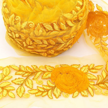 Orange Yellow Soft Net Fabric Lace Trim with Floral Embroidery, Lace Trim, Sari Border